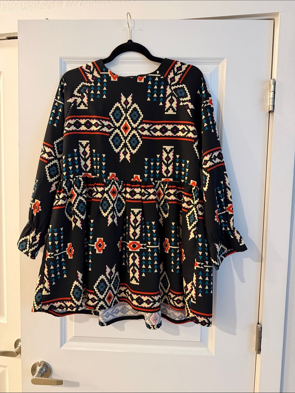 THML Black Aztec Print Mini Dress with Teal & Coral Accents